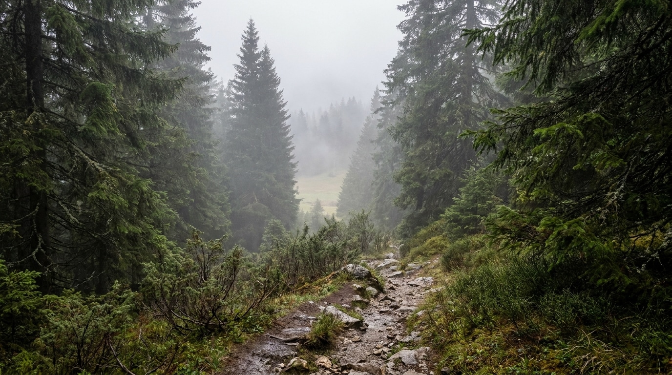 Forêt alpine brumeuse avec sentier et clairière