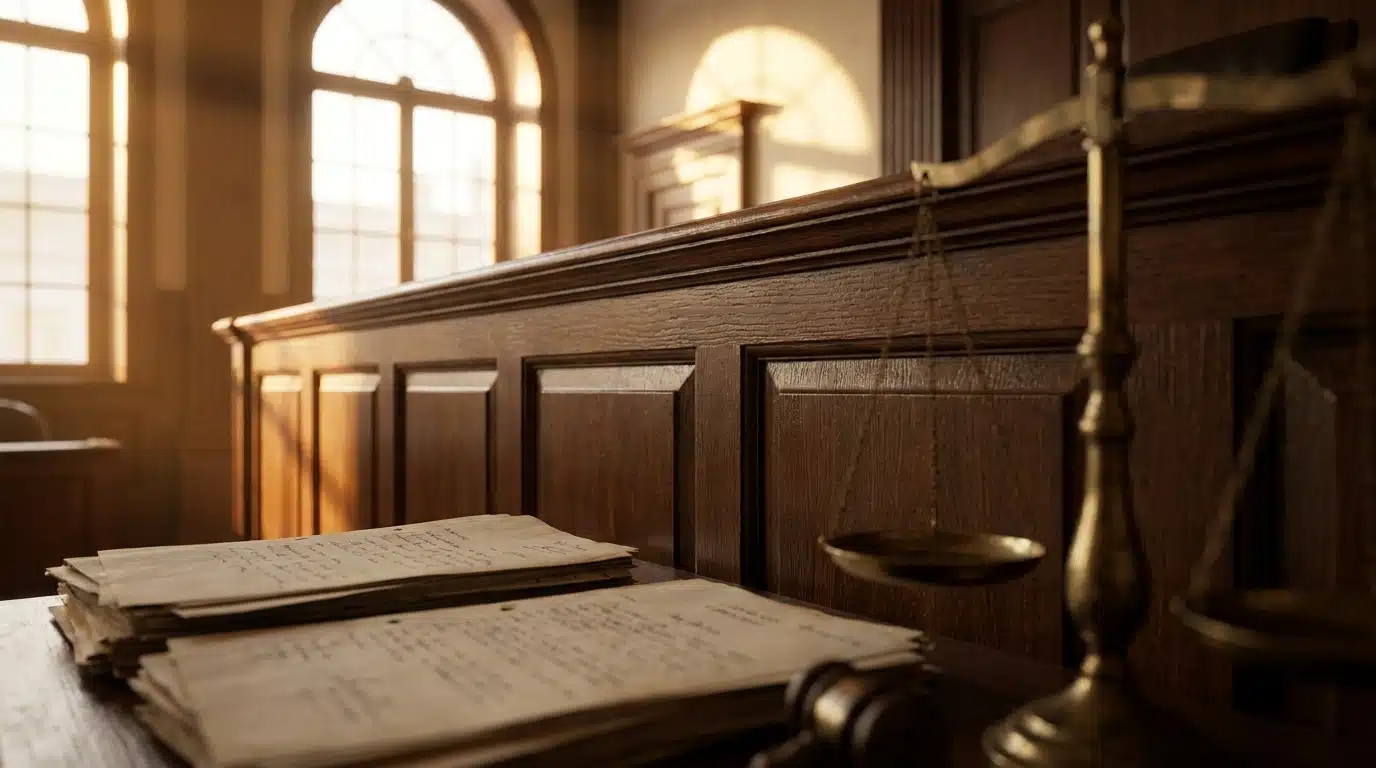 Détail d'un banc de tribunal britannique avec balance de justice