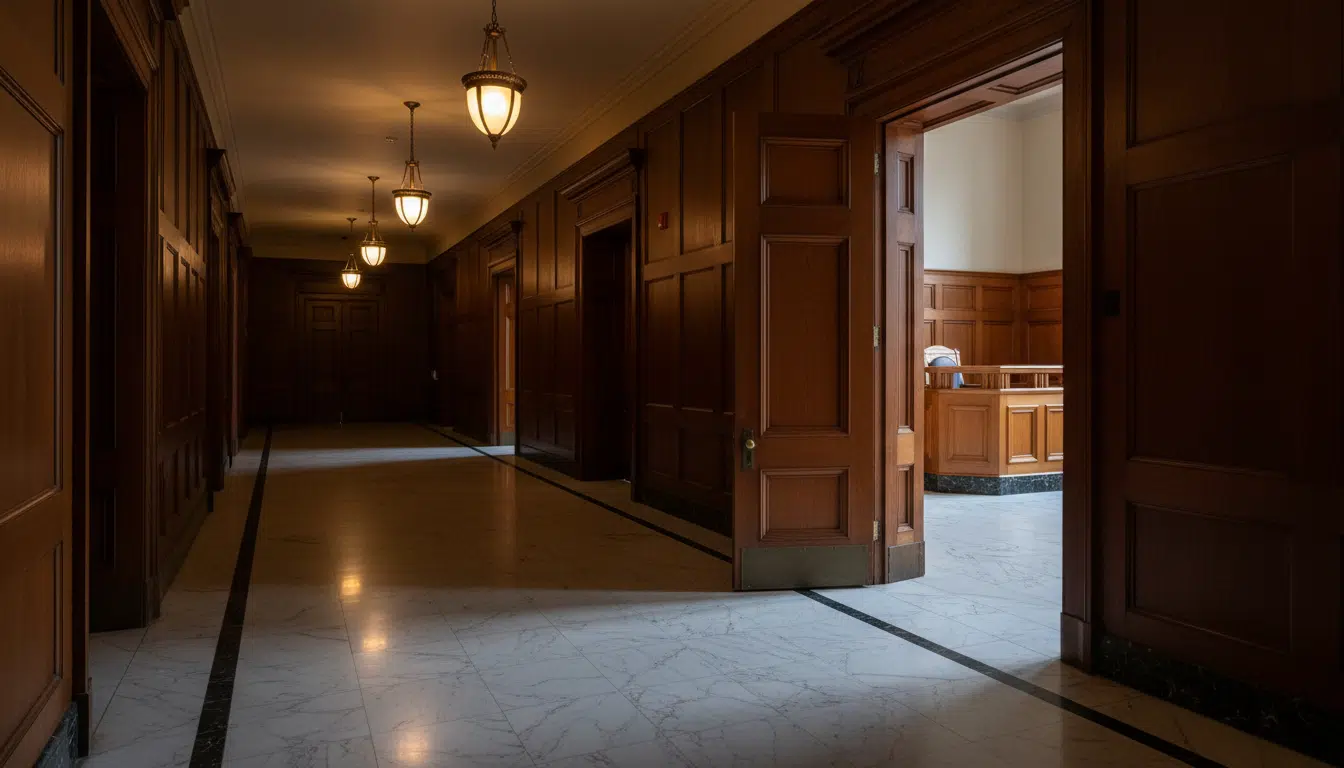 Couloir de tribunal faiblement éclairé