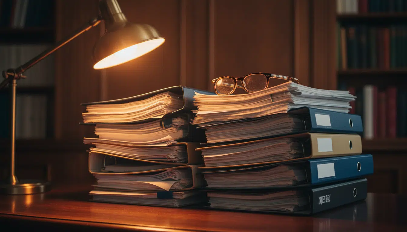 Dossiers judiciaires empilés sur un bureau