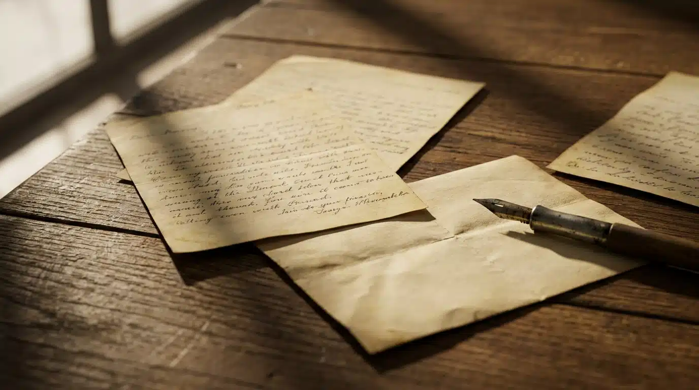 Lettres manuscrites anciennes posées sur une table en bois sombre