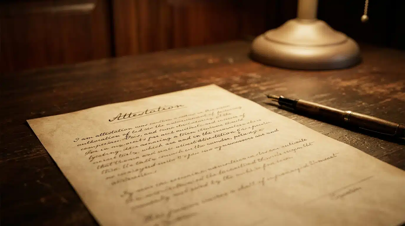 Document juridique manuscrit posé sur un bureau en bois sombre