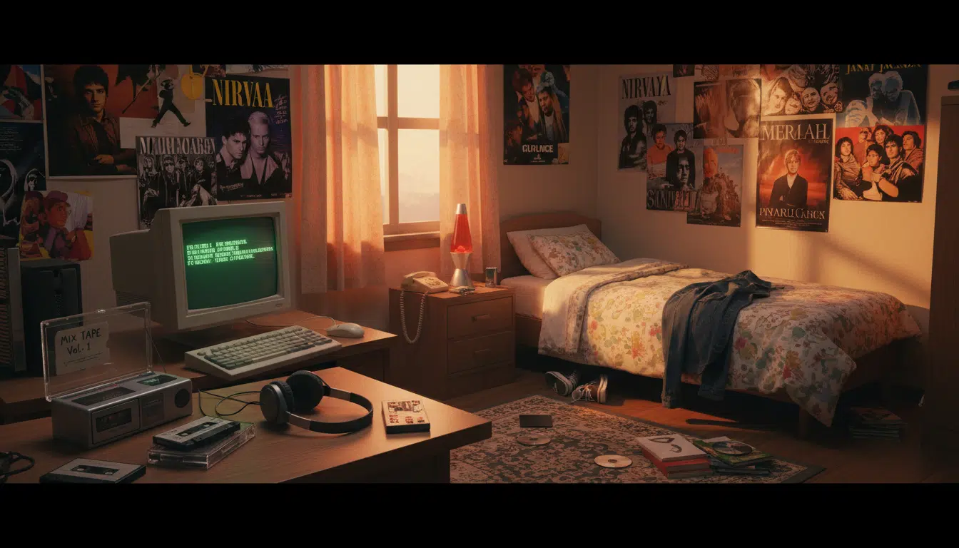 Chambre d'adolescente des années 1990 avec cassettes et posters musicaux