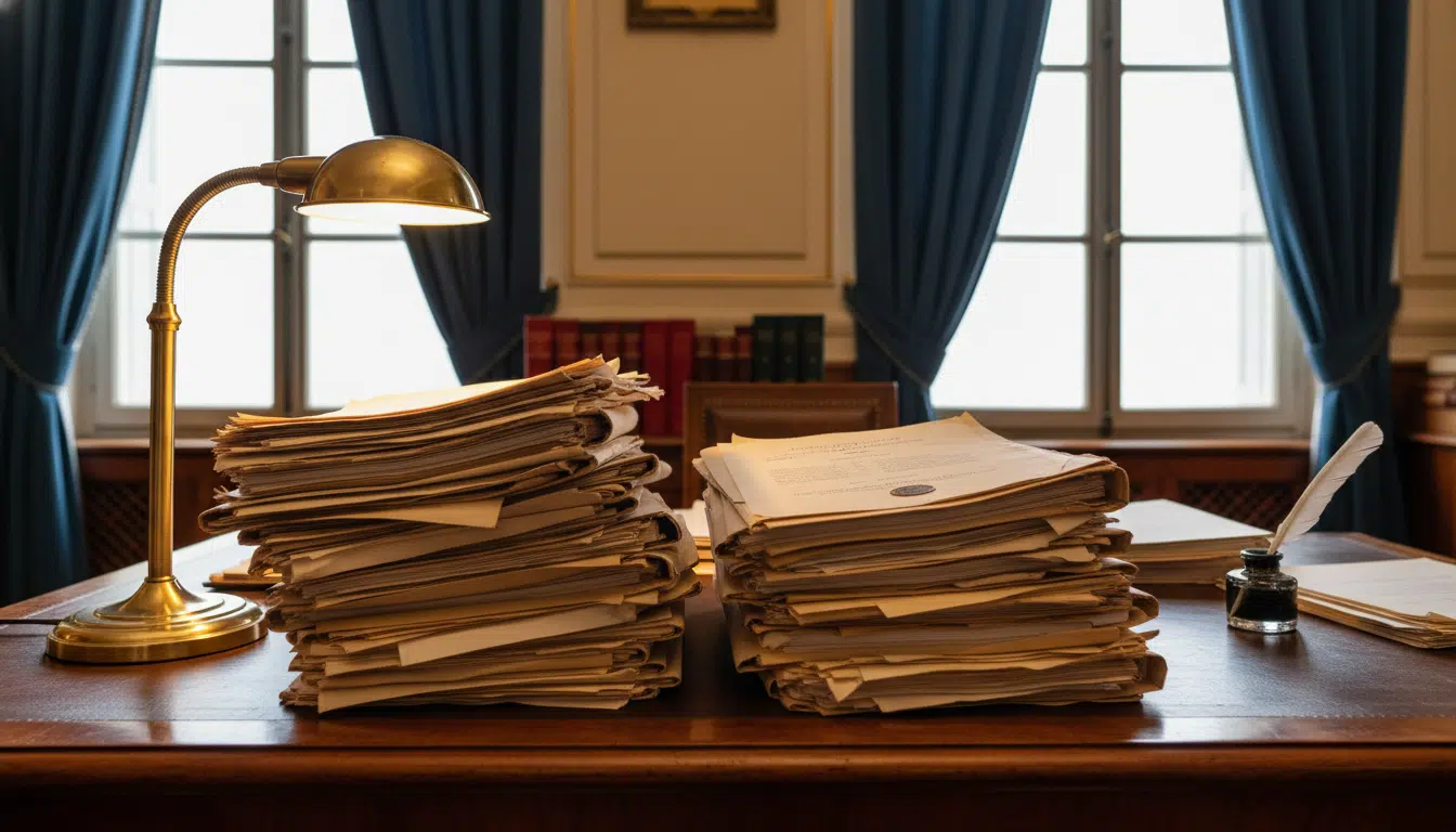 Documents juridiques et témoignages empilés sur un bureau de tribunal français
