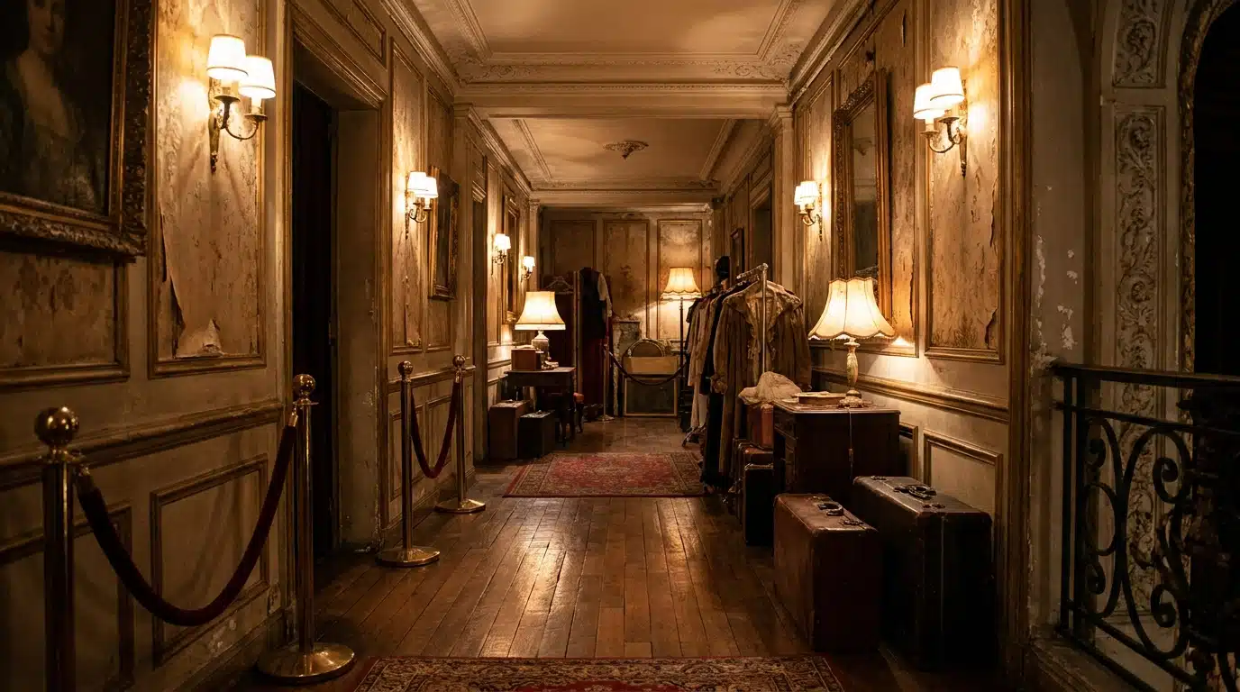 Couloir de théâtre tamisé évoquant les coulisses de la scène parisienne