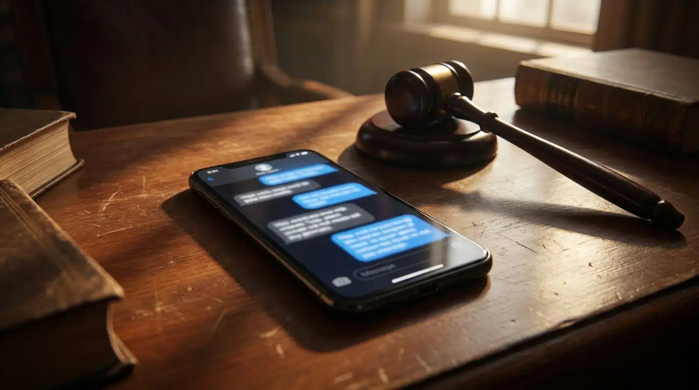 Smartphone posé sur un bureau de juge près d'un marteau