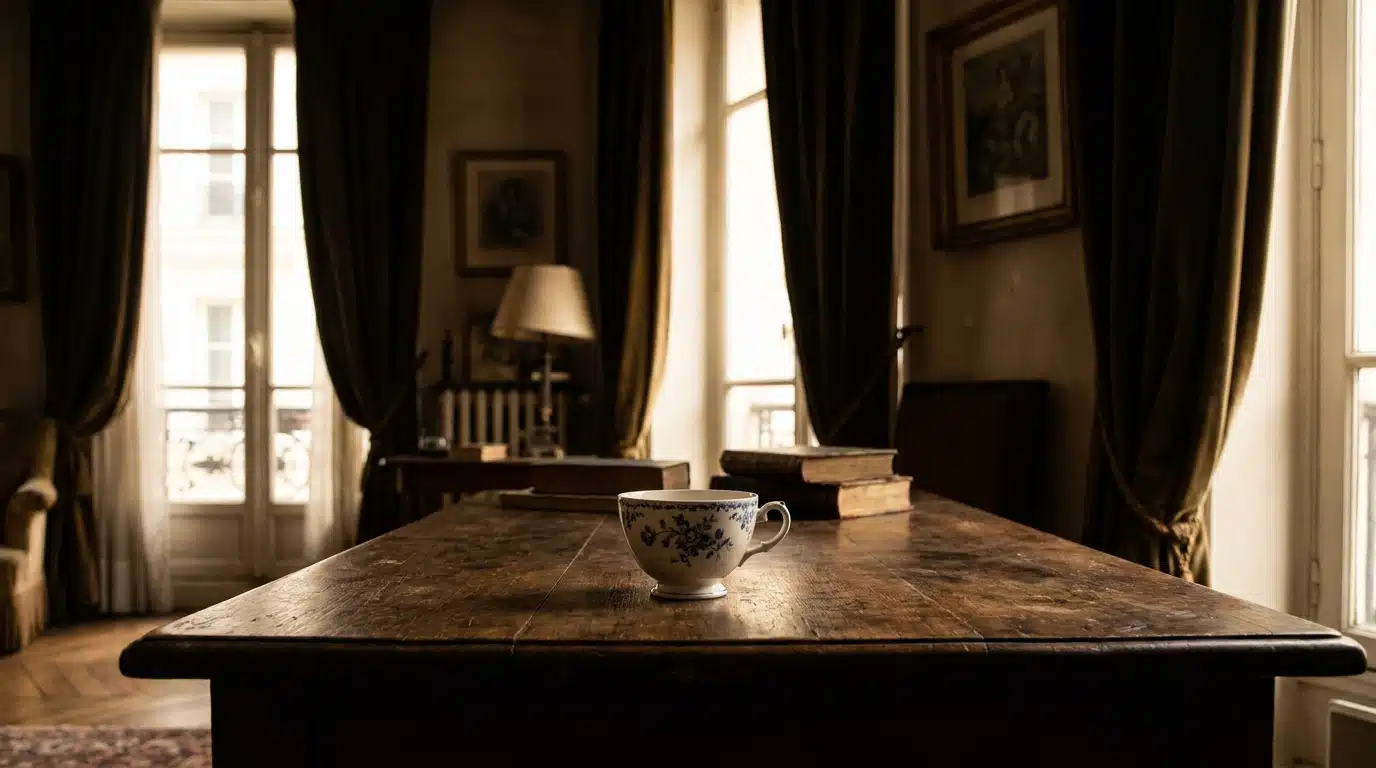 Tasse de thé posée sur une table dans un appartement parisien à l'ambiance tamisée et mélancolique