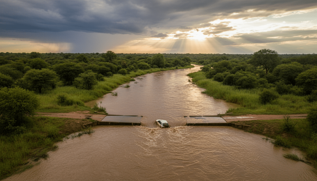 Voiture abandonnée sur un pont submergé en Afrique du Sud