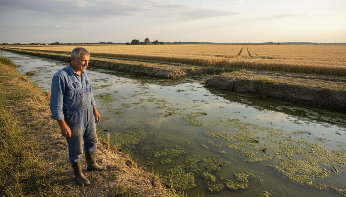 Agriculteur observant une rivière contaminée aux algues