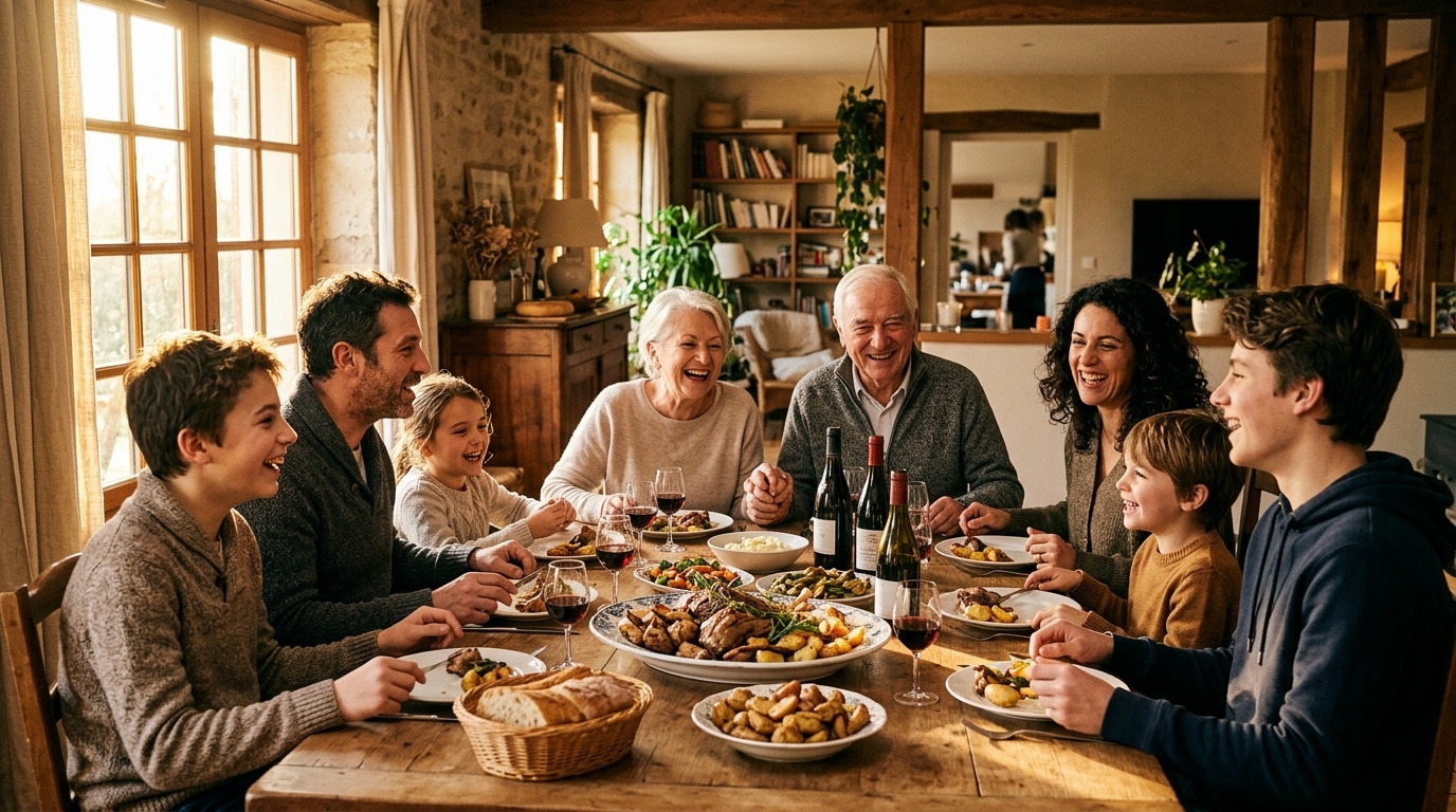 Famille réunie autour d'un repas festif pour l'Aïd