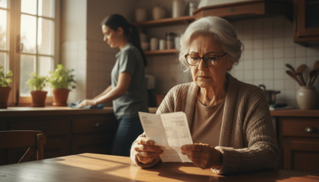 Senior inquiète consultant sa facture d'aide à domicile