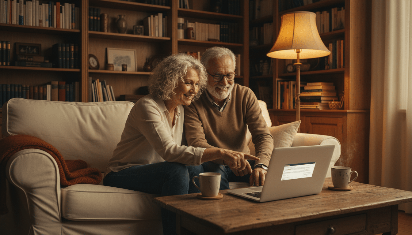 Couple de retraités vérifiant leur déclaration d'impôts en ligne