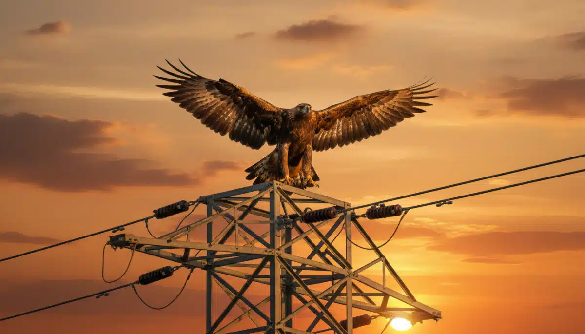Aigle royal déployant ses ailes sur un pylône électrique