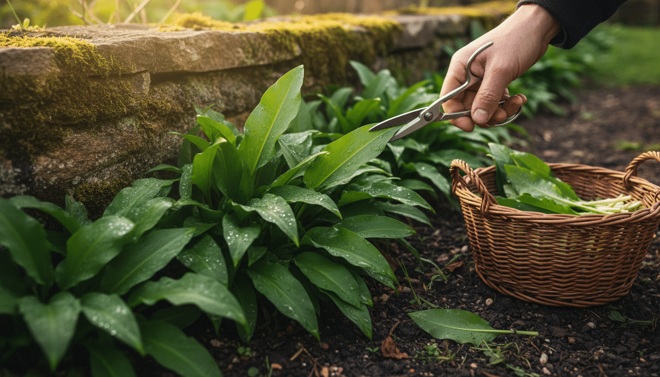 Récolte de feuilles d'ail des ours aux ciseaux dans un jardin ombragé