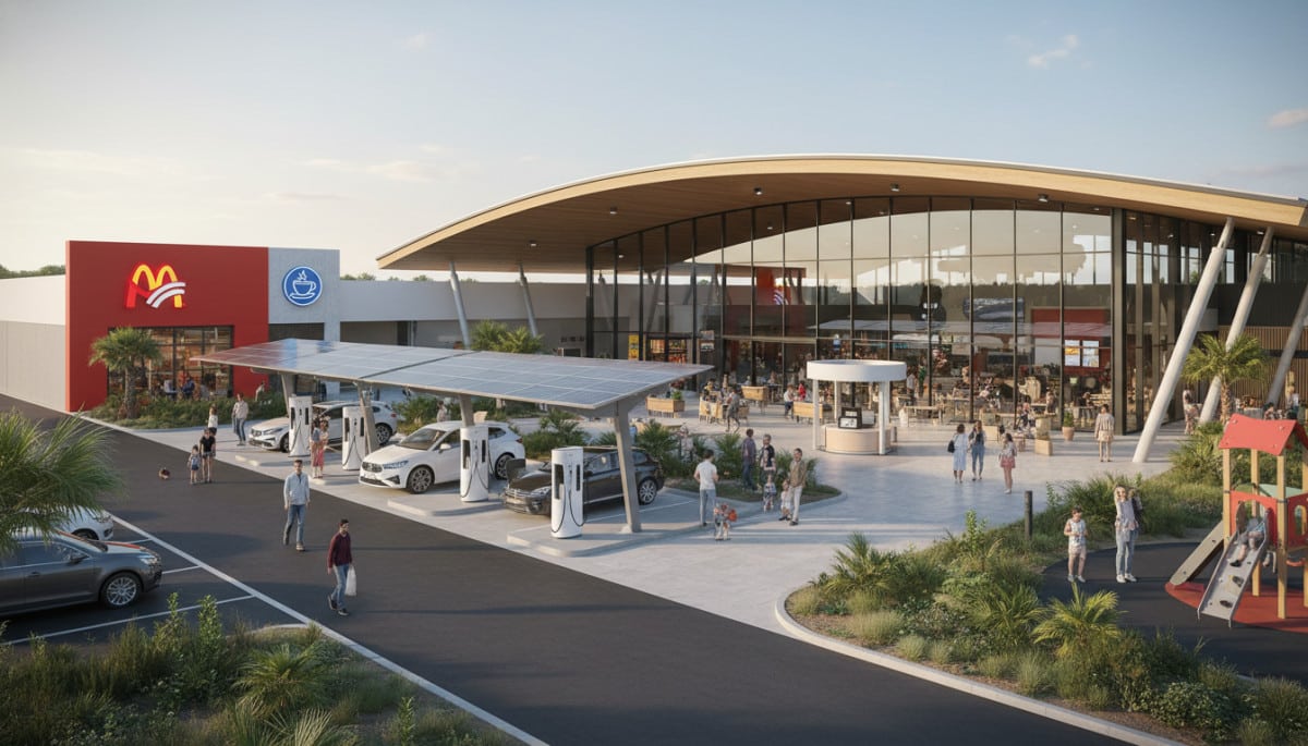 Aire d'autoroute moderne avec restaurants et bornes électriques.