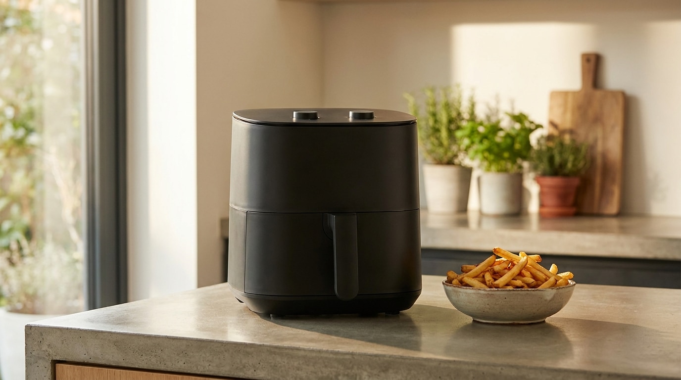 Friteuse sans huile noire sur plan de travail avec frites dorées