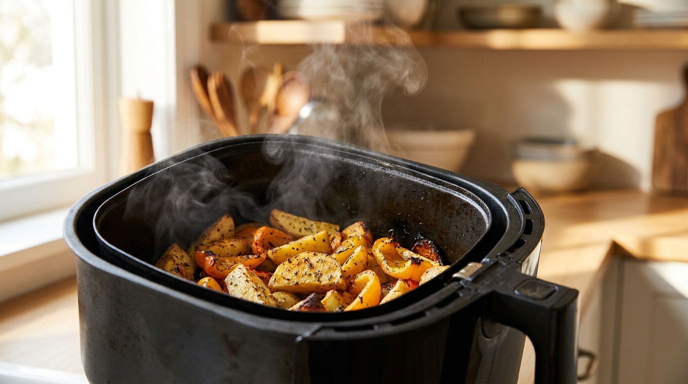 Panier d'airfryer ouvert avec légumes rôtis dorés