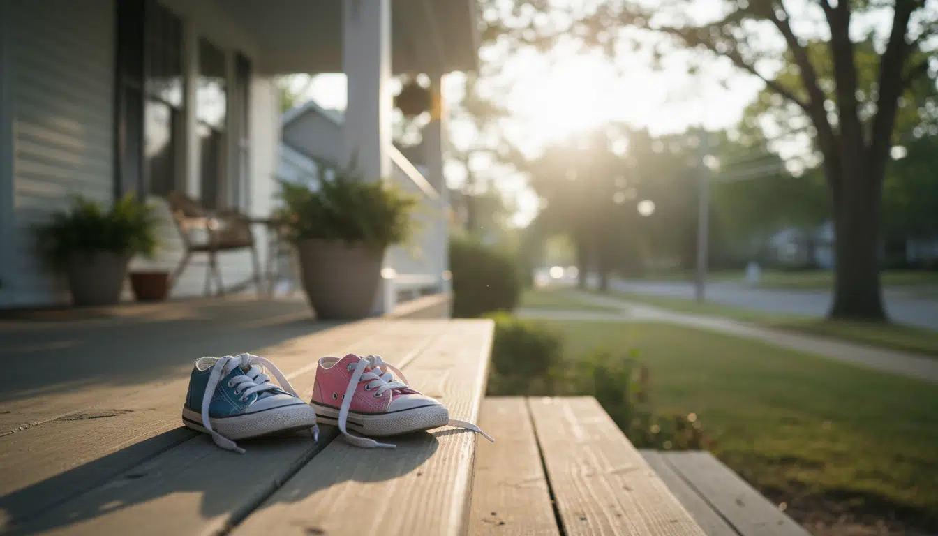 Deux paires de chaussures d'enfants sur un porche américain