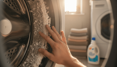 Dépôts de calcaire visibles dans un tambour de lave-linge