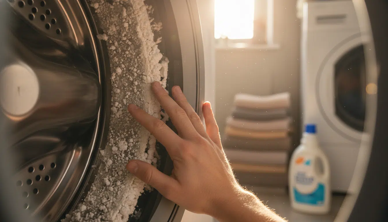 Dépôts de calcaire visibles dans un tambour de lave-linge