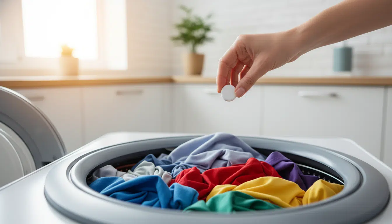 Tablette anti-calcaire placée dans le tambour d'un lave-linge