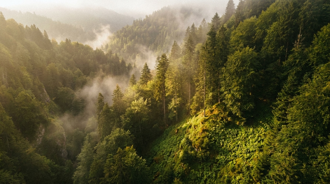 Forêt dense de Transylvanie vue depuis un hélicoptère
