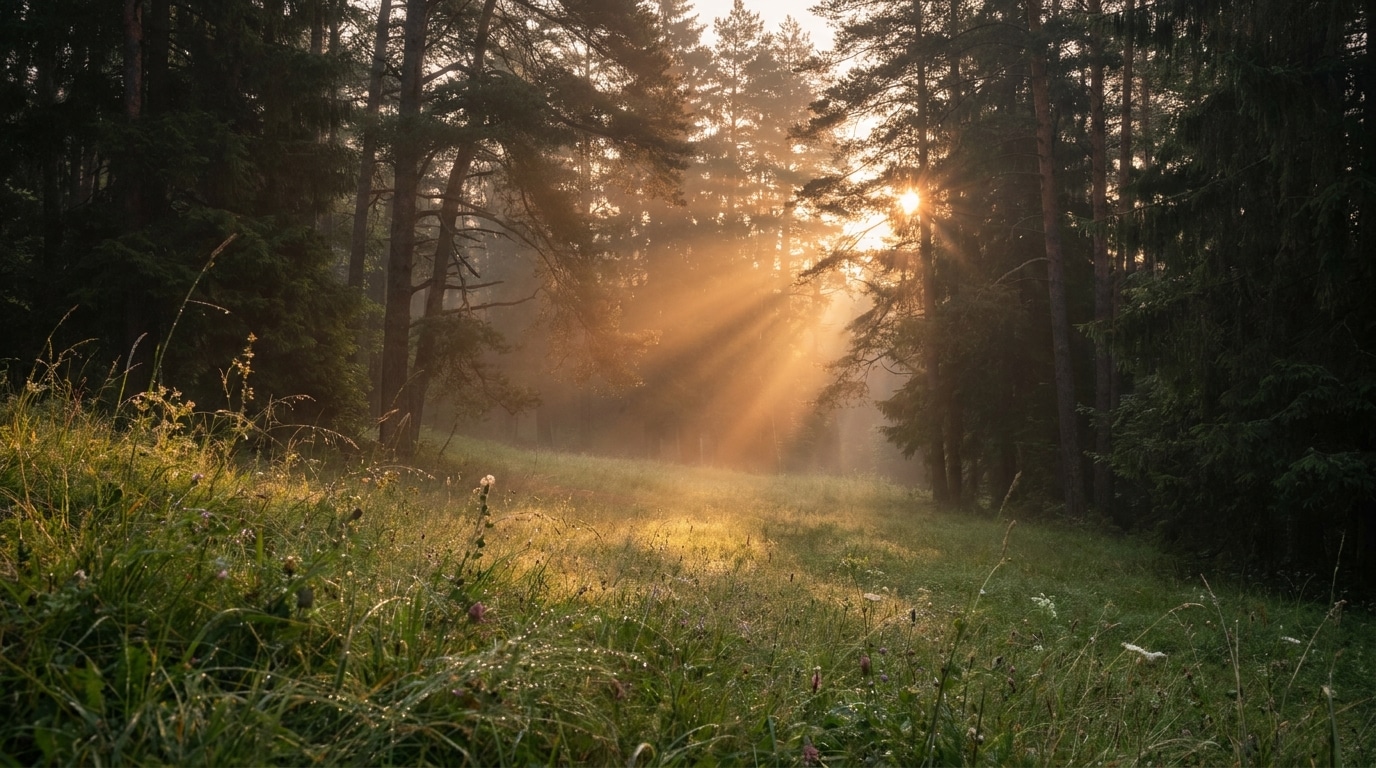 Clairière ensoleillée au milieu d'une forêt roumaine