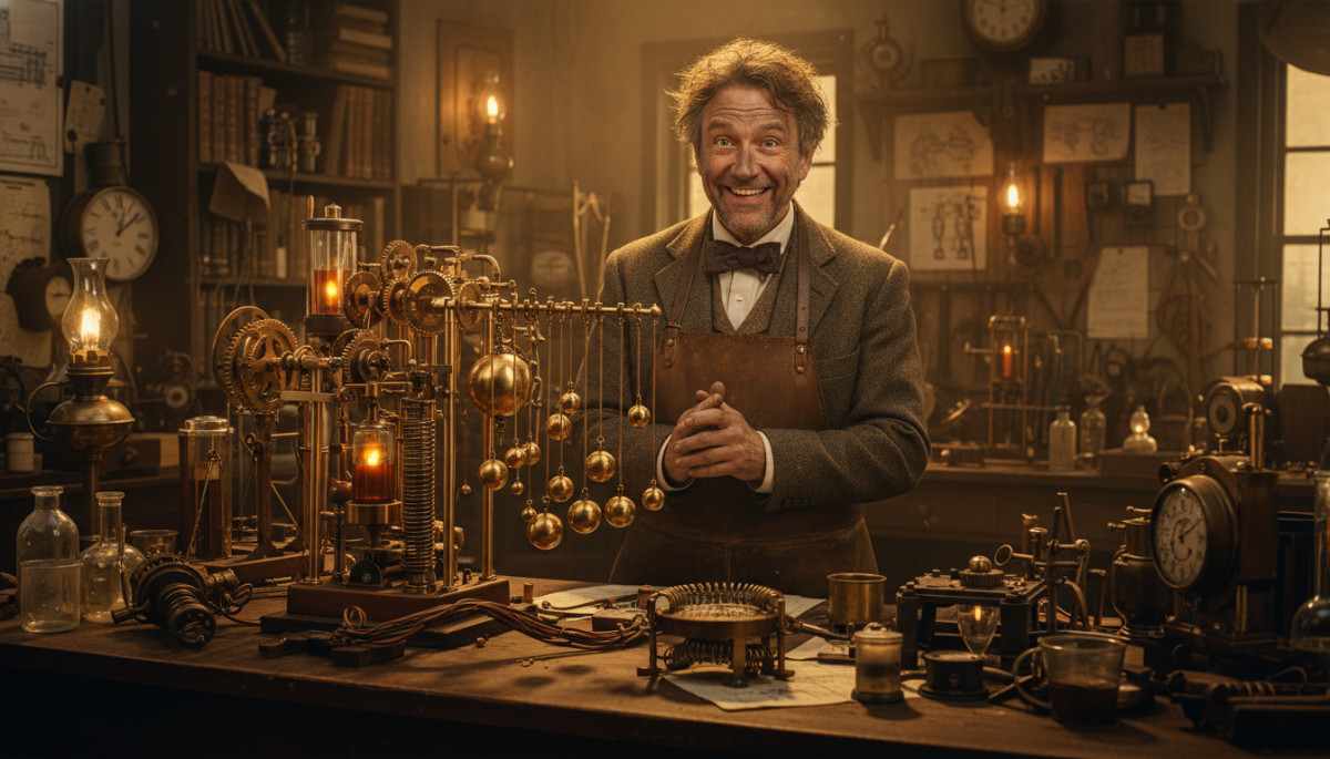 Alexander Bain inventeur du précurseur du fax dans son atelier victorien