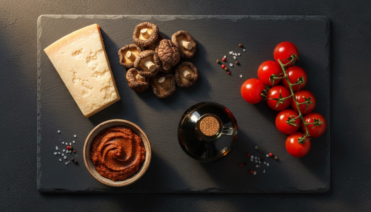 Aliments riches en umami parmesan champignons miso