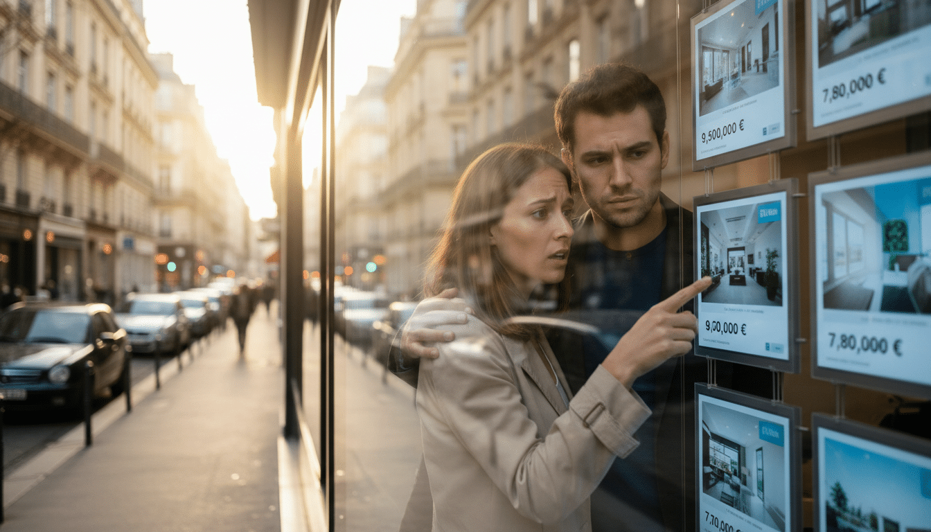 Couple regardant des annonces immobilières en vitrine d'agence