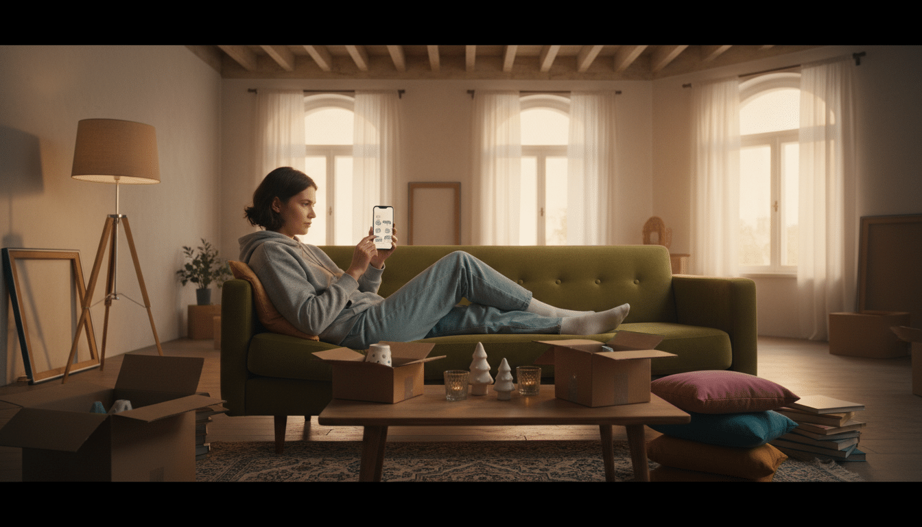 Personne achetant des meubles en ligne sur son smartphone