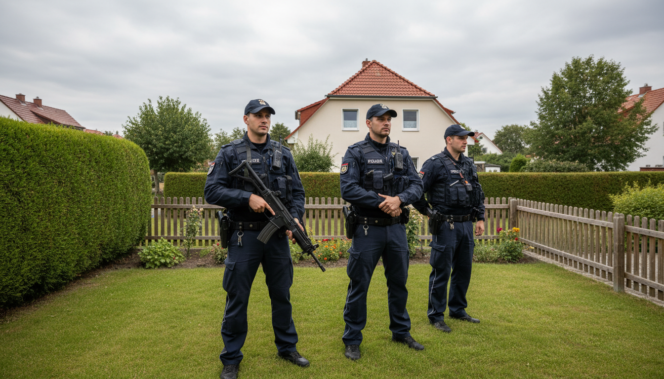 Policiers allemands armés dans un jardin résidentiel à Leipzig