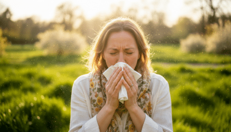 Femme éternuant dans un parc au printemps entourée de pollen