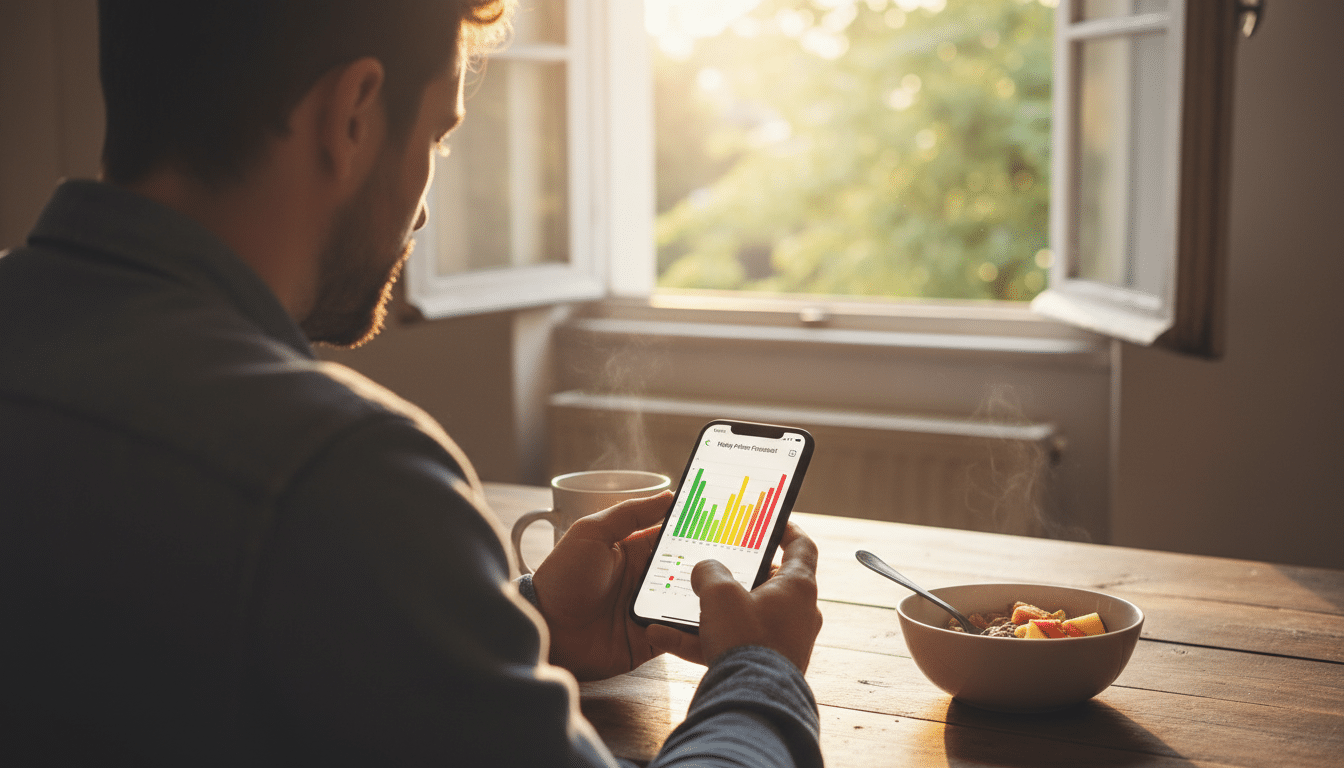 Homme consultant une application de suivi pollen sur son smartphone