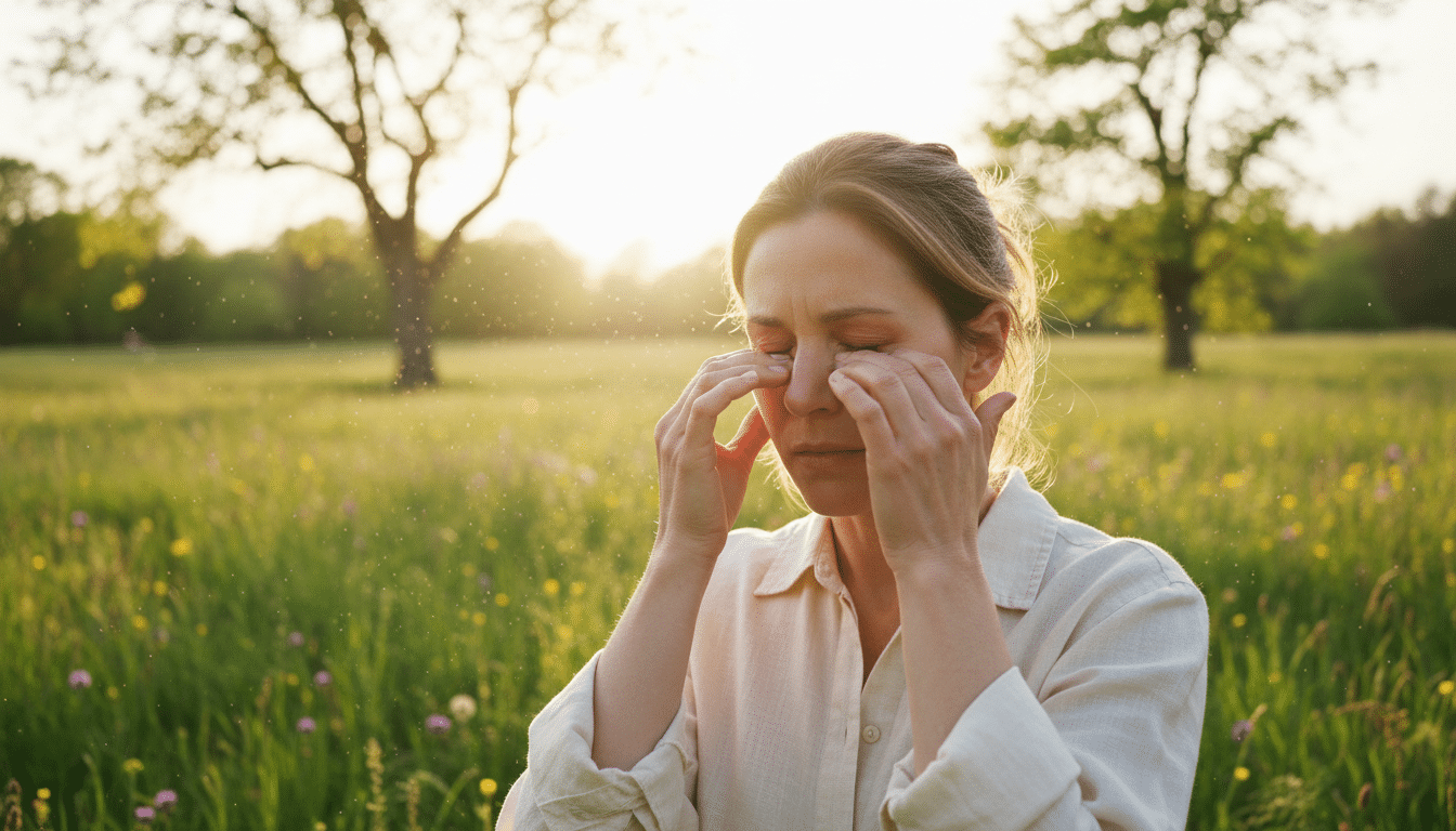 Femme se frottant les yeux à cause des allergies aux graminées