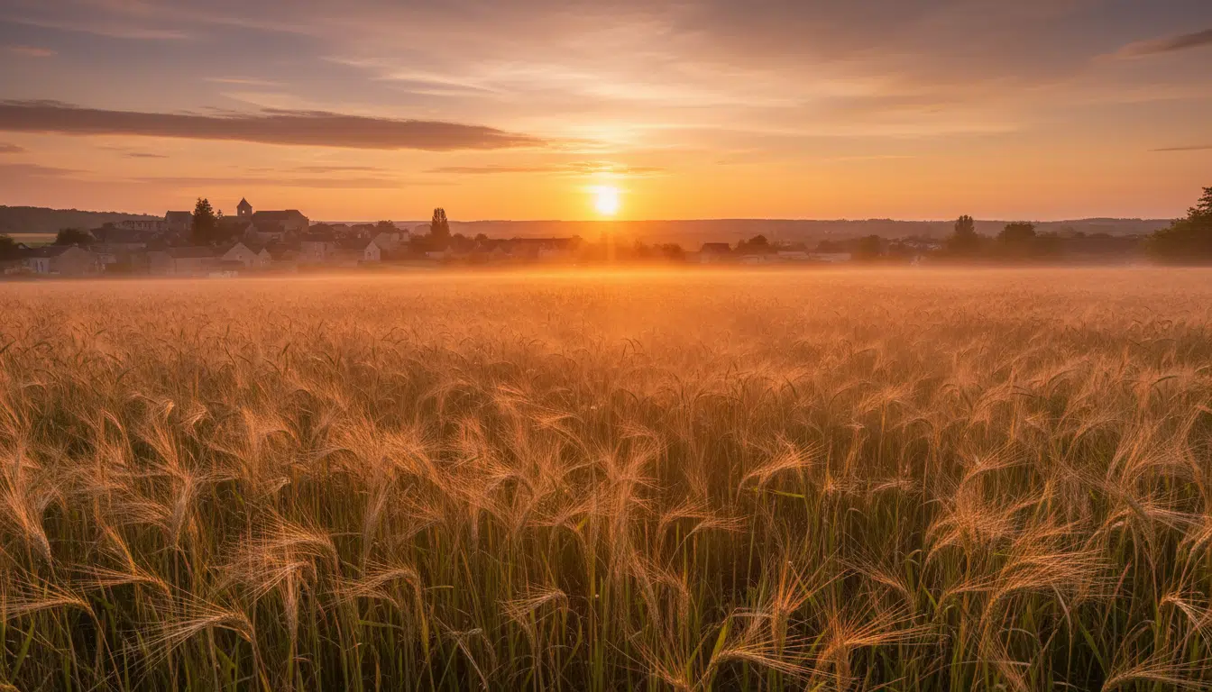 Prairie de graminées libérant du pollen au coucher du soleil