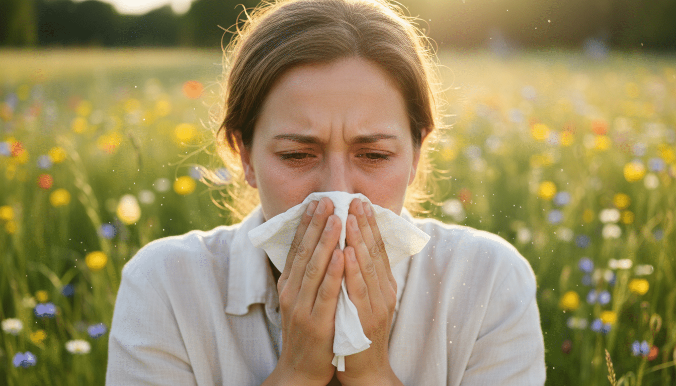 Personne allergique éternuant dans un parc en mai