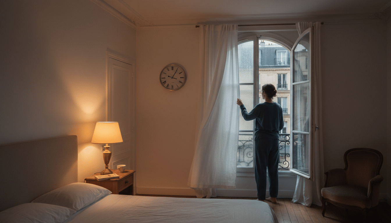 Femme fermant sa fenêtre le soir pour éviter les pollens