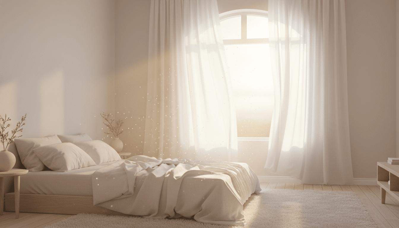Pollens flottant dans une chambre ensoleillée aux fenêtres ouvertes