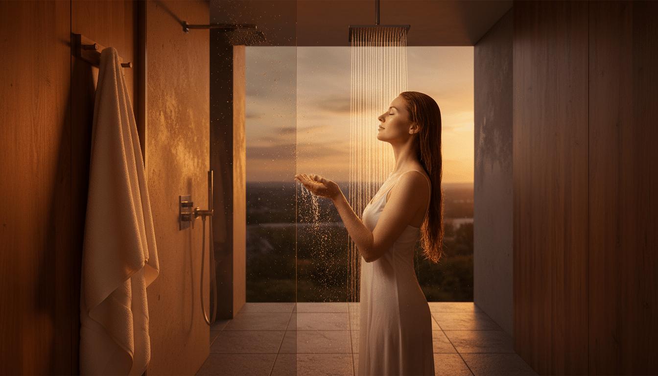 Femme rinçant ses cheveux sous la douche le soir