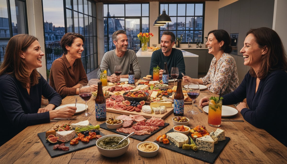 Amis riant autour d'un apéro dînatoire moderne et varié.