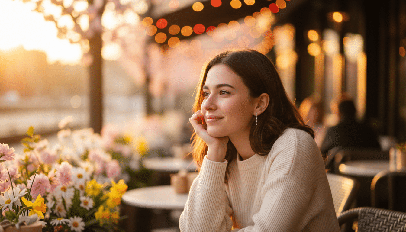 Femme rêveuse à une terrasse de café au coucher du soleil