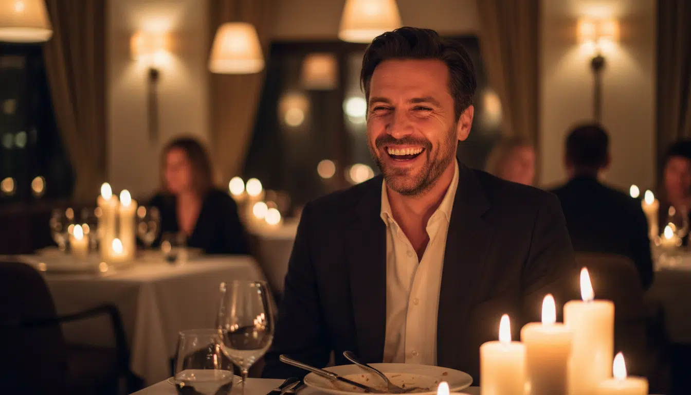 Homme souriant lors d'un dîner romantique aux chandelles