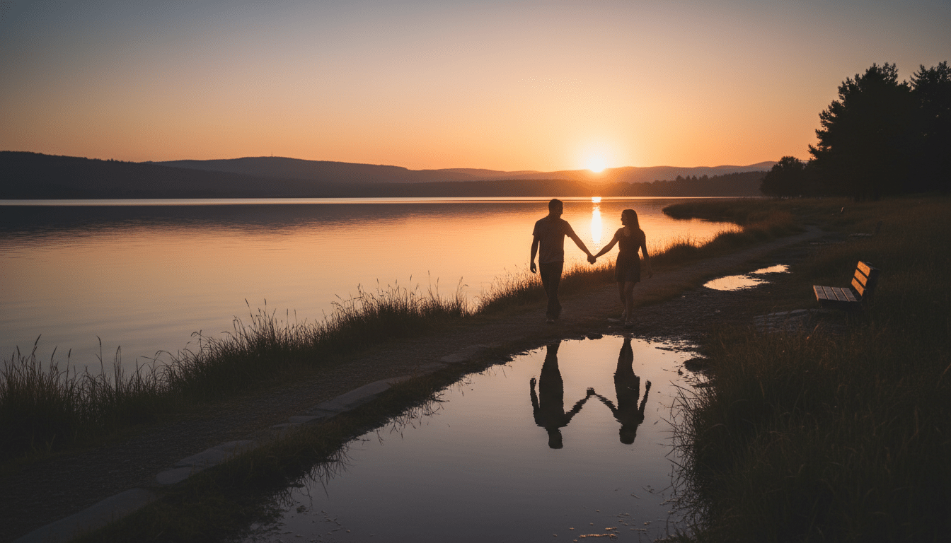 Couple se tenant la main au bord d'un lac au crépuscule