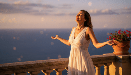 Femme heureuse sur un balcon ensoleillé en été