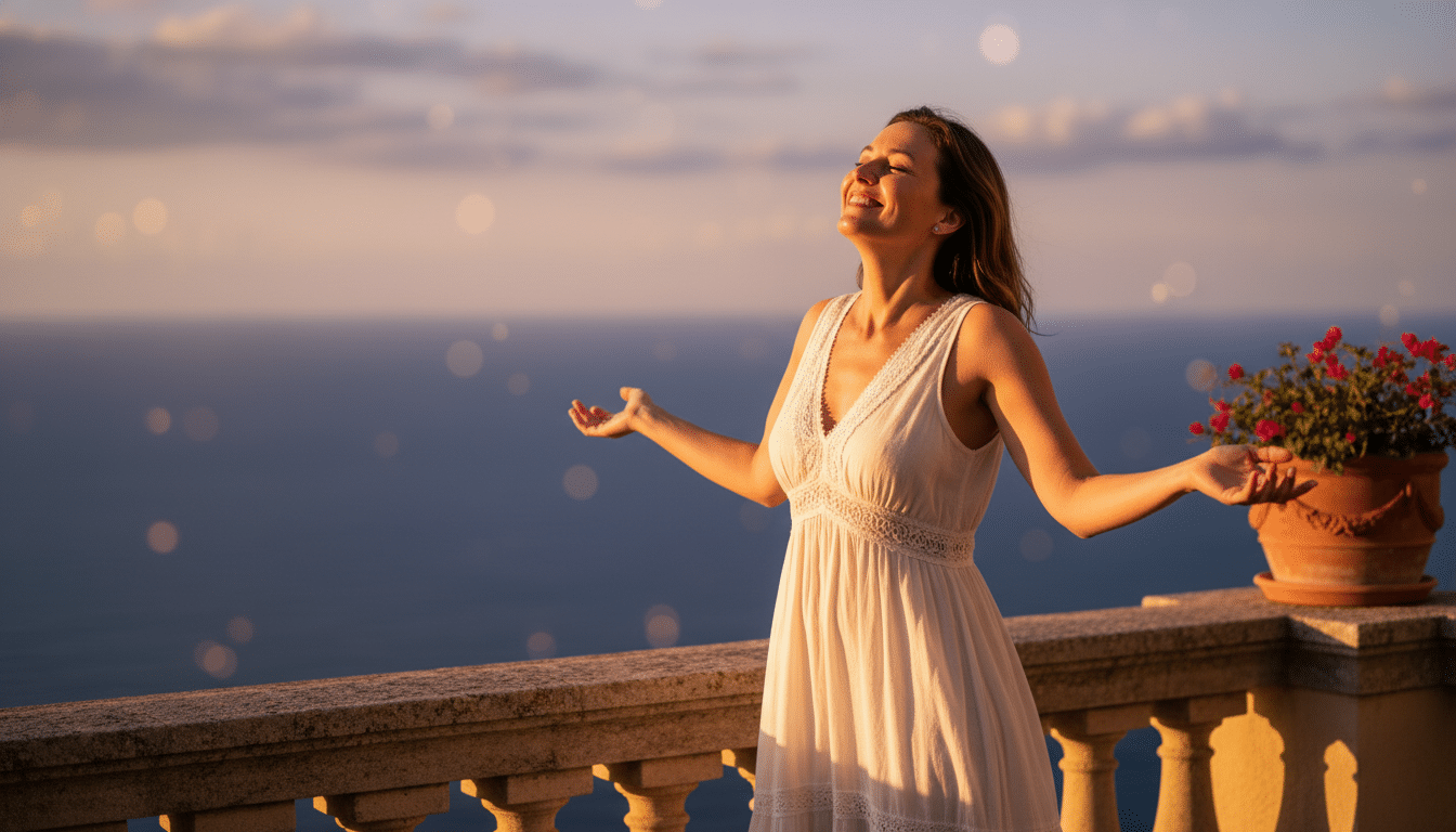 Femme heureuse sur un balcon ensoleillé en été