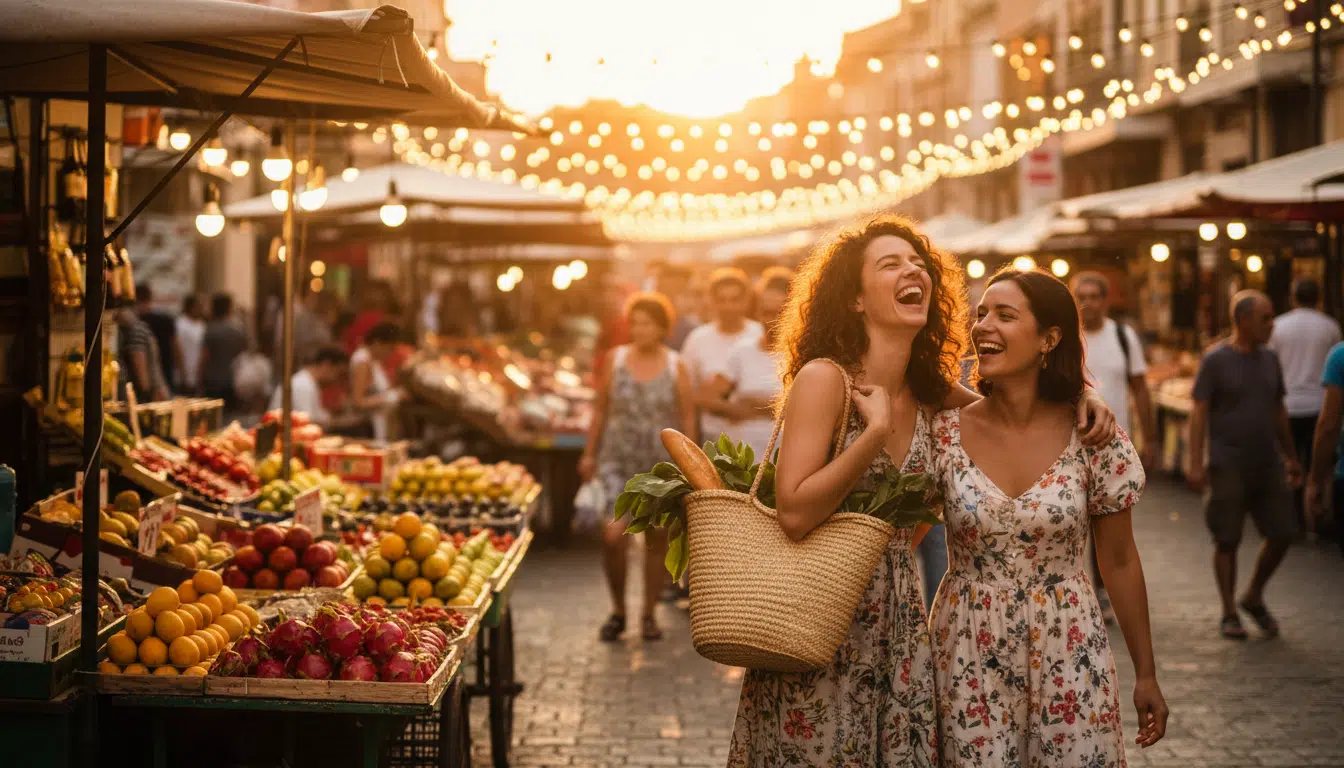 Deux amis riant dans un marché estival au coucher du soleil