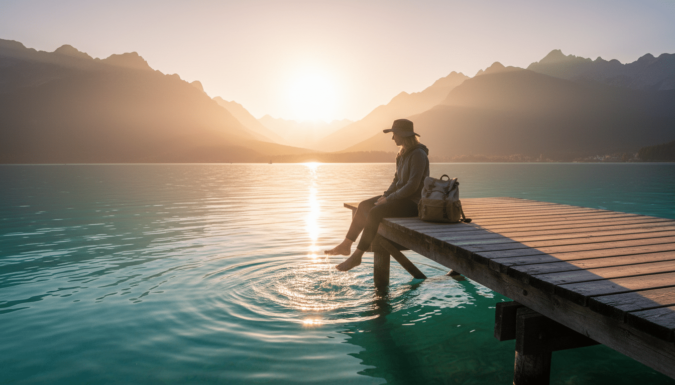 Voyageur rêveur assis au bord d'un lac au lever du soleil
