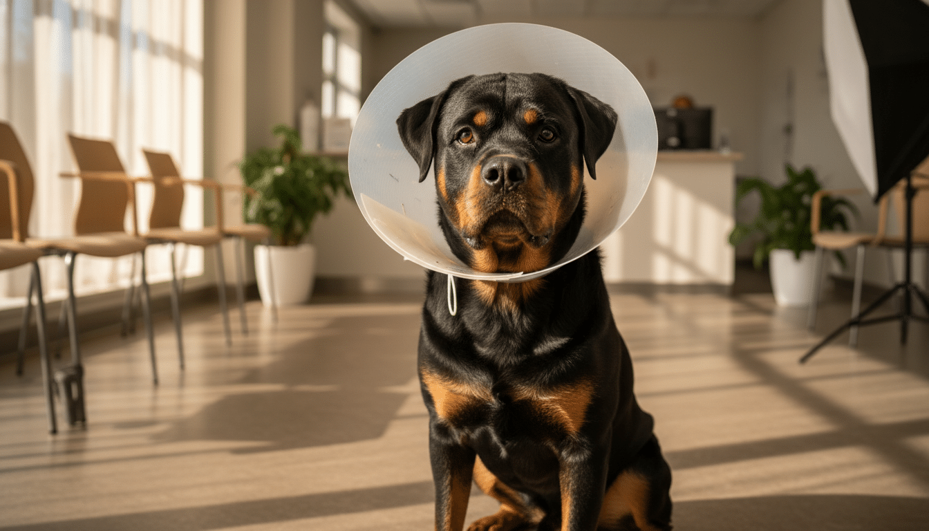 Zeus le Rottweiler chez le vétérinaire avant son opération