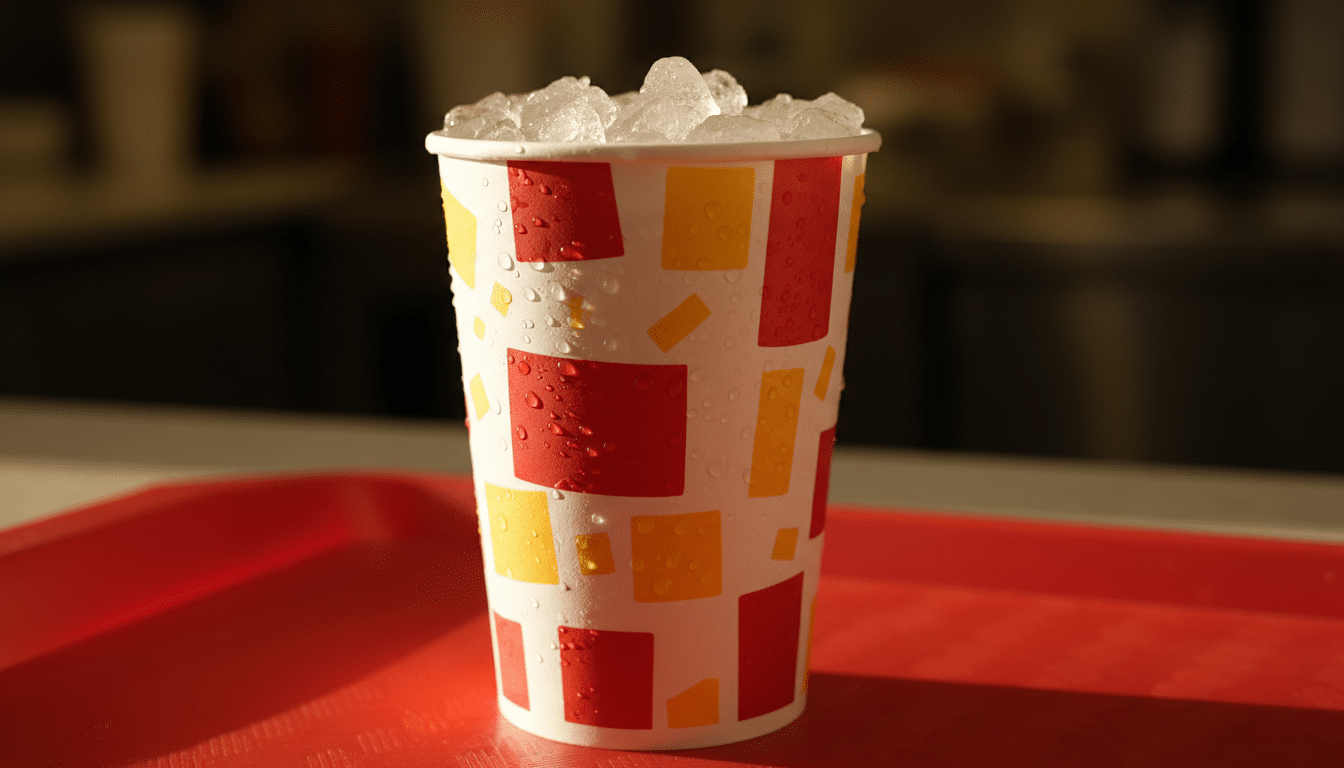 Gobelet de soda avec glaçons dans un fast-food